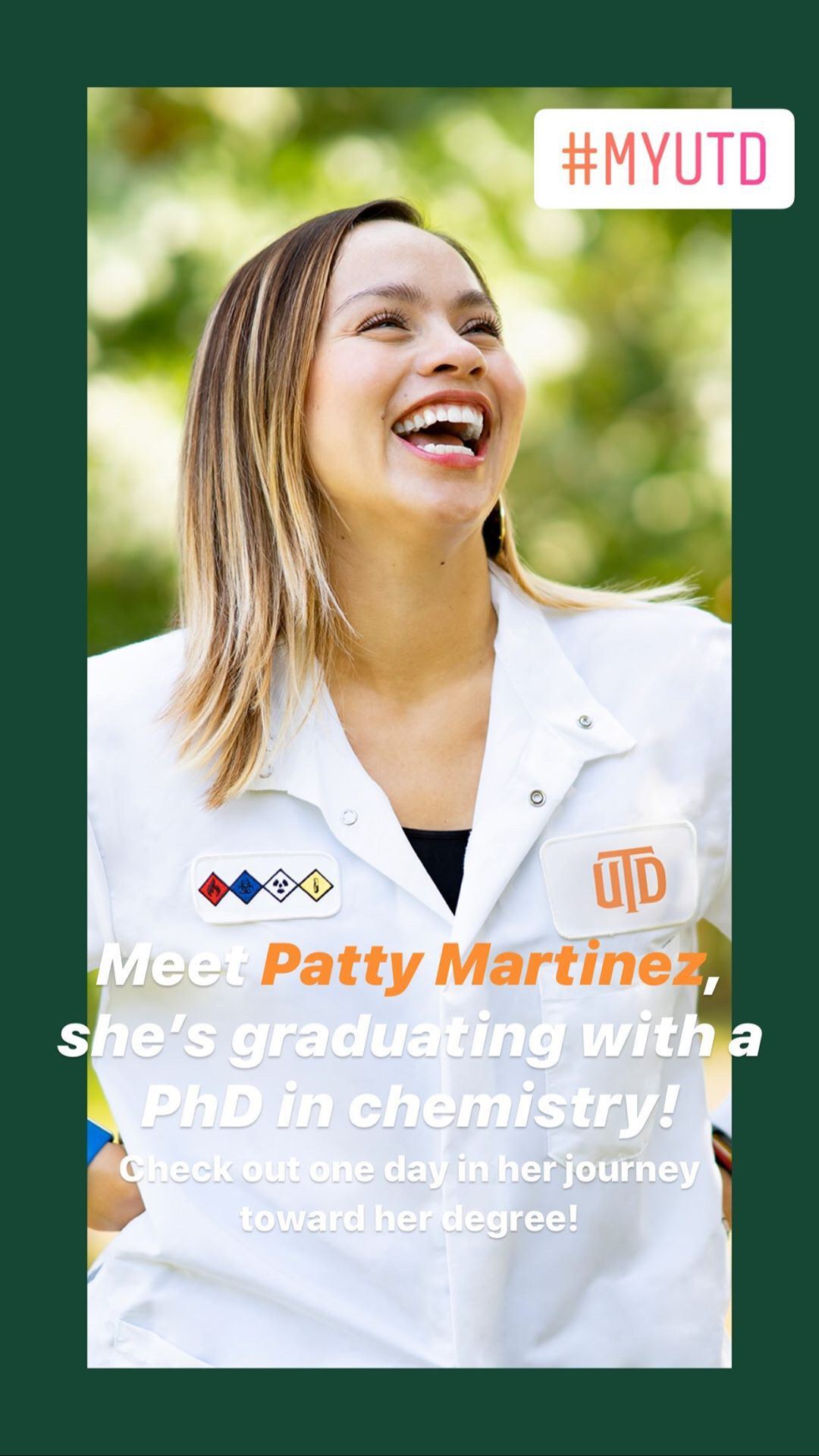 Patty wearing a lab coat, standing and smiling outdoors.