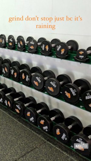 Three stacked rows of dumbbells. Each has the Comets athletics logo on it.