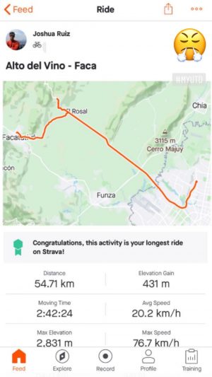 Screen shot of bike ride map titled Alto del Vino - Faca. Distance: 54.71 kilometers. Emoji - serious face with puffing breath.