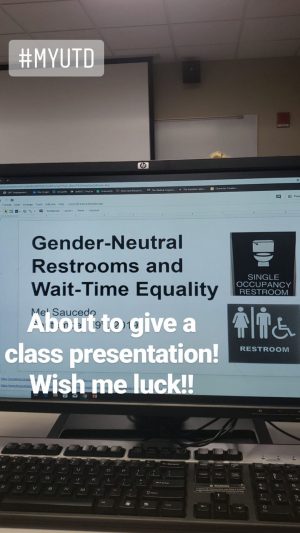 A computer screen displaying a presentation slide reading, Gender-Neutral Restrooms and Wait-Time Equality. 