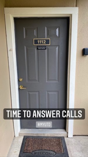 Time to answer calls. #myUTD. Pictured, a closed front door of an apartment labelled number 1112.