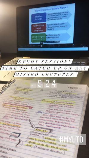 Study session! Time to catch up on any missed lectures. #myUTD. Pictured, notes and a laptop displaying a diagram of the classifications of cranial nerves.
