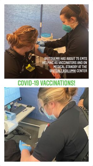 @UTDUEMR has about 75 EMTs helping as vaccinators and on medical standby at the @UTDallasAlumni Center. Two pictures, both of people administering shots.