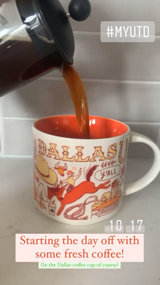 Coffee pouring from a French press into a Dallas-themed coffee mug.