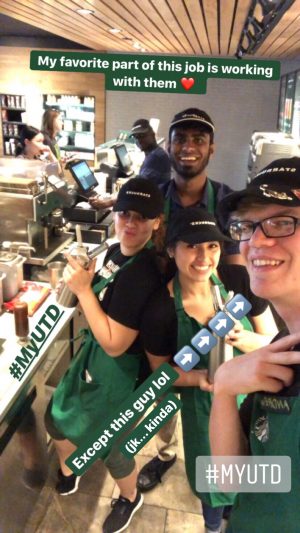 Vikram and four coworkers behind the counter at Starbucks. They're wearing hats and aprons. Arrows point to the coworker taking the group selfie.