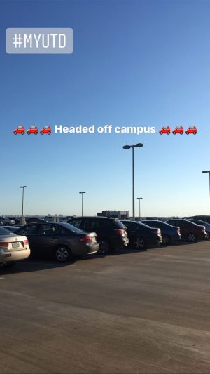 A parking lot full of cars. Six car emojis surround the words, headed off campus.